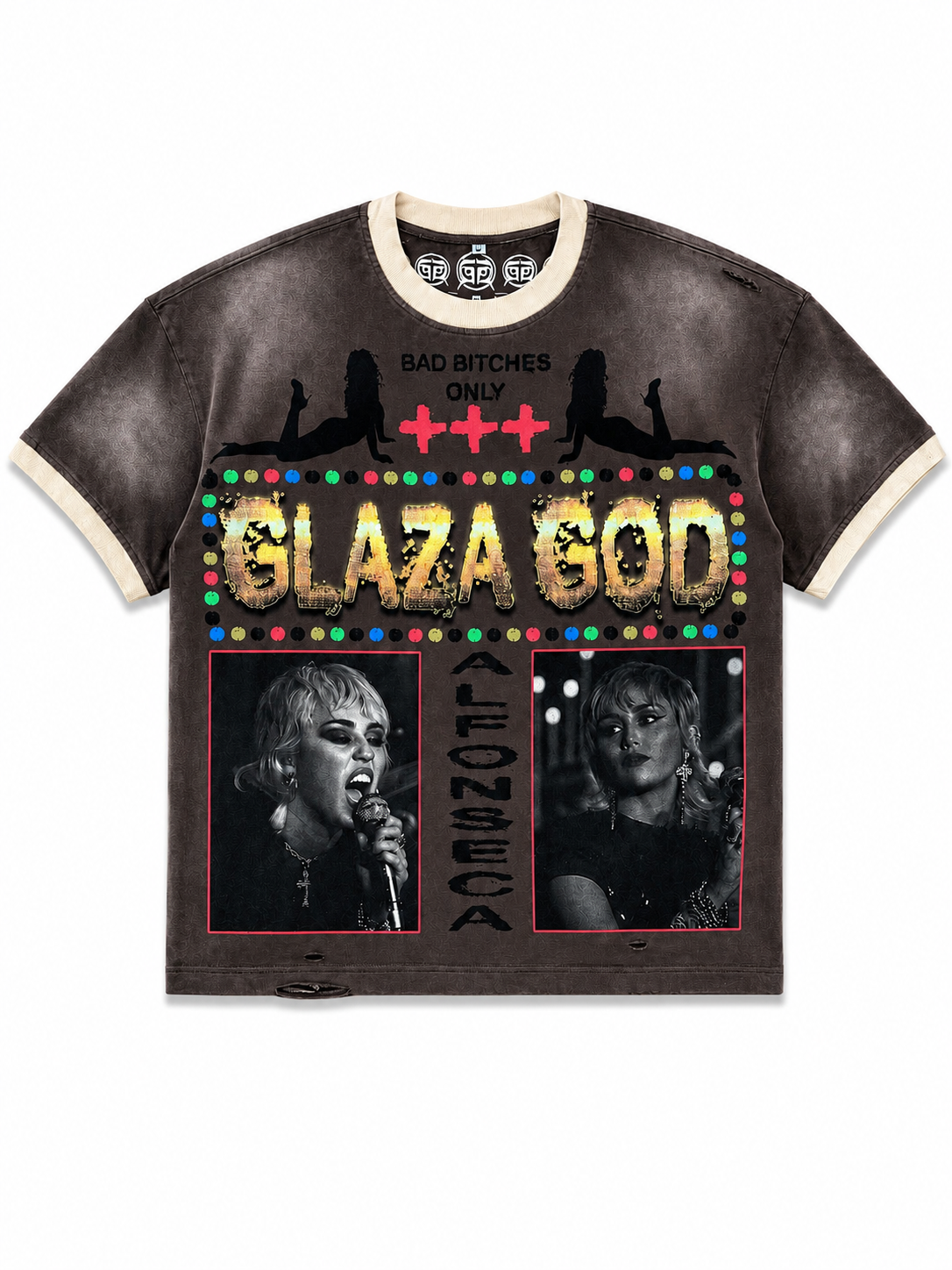 GLAZA GOD Cute - Distressed Acid Wash Oversized Tee -Brown01