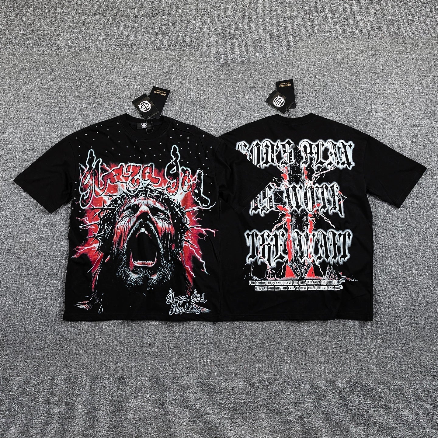GLAZA GOD Men's Gothic Graphic Oversized T-Shirt – Dark Streetwear Double-Sided Print Casual Tee