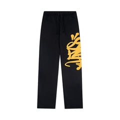 Syna World Hip-Hop Graffiti Graphic Fleece Sweatpants (Black / Yellow)