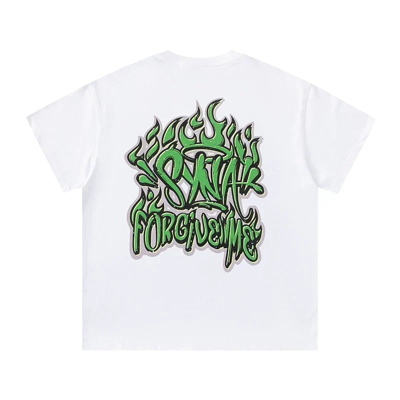Syna World Green Flame Graffiti "Forgive Me" Oversized Tee (White / Green)