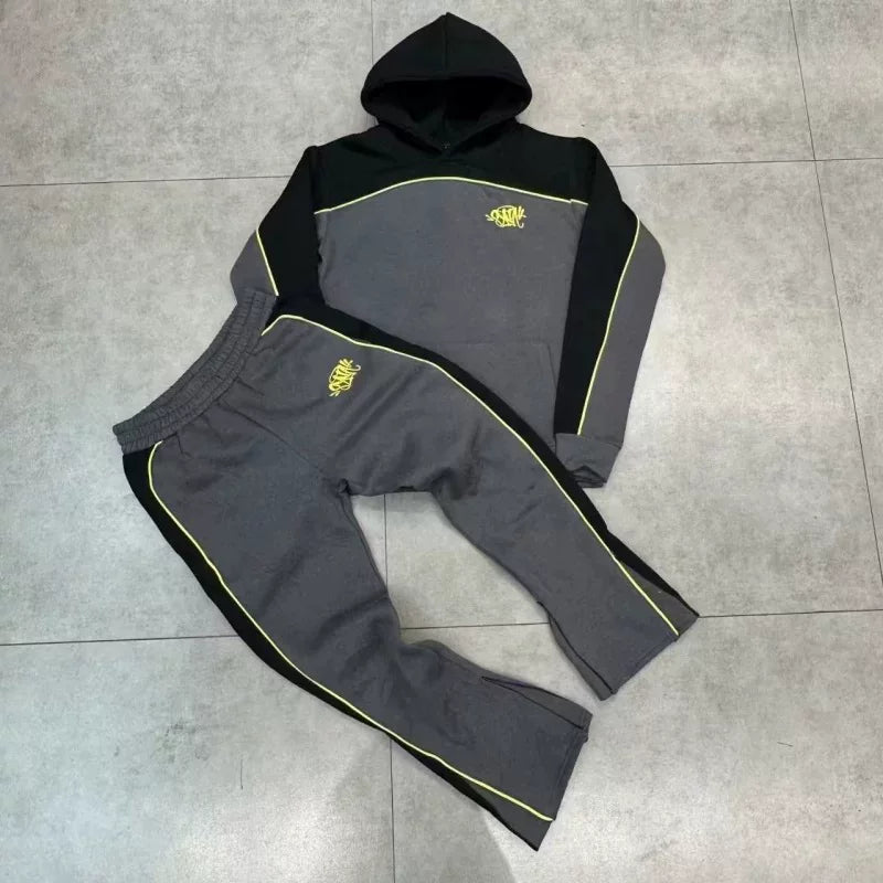 Syna World Fleece Hoodie Tracksuit Set (Dark Grey / Black / Yellow)