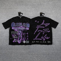 GLAZA GOD Men's Vintage Graphic Oversized T-Shirt – Gothic Streetwear Double-Sided Print Casual Tee