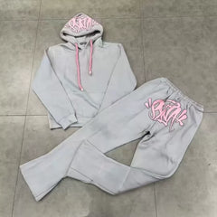 Syna World Graphic Fleece Hoodie Tracksuit Set (Grey / Pink)