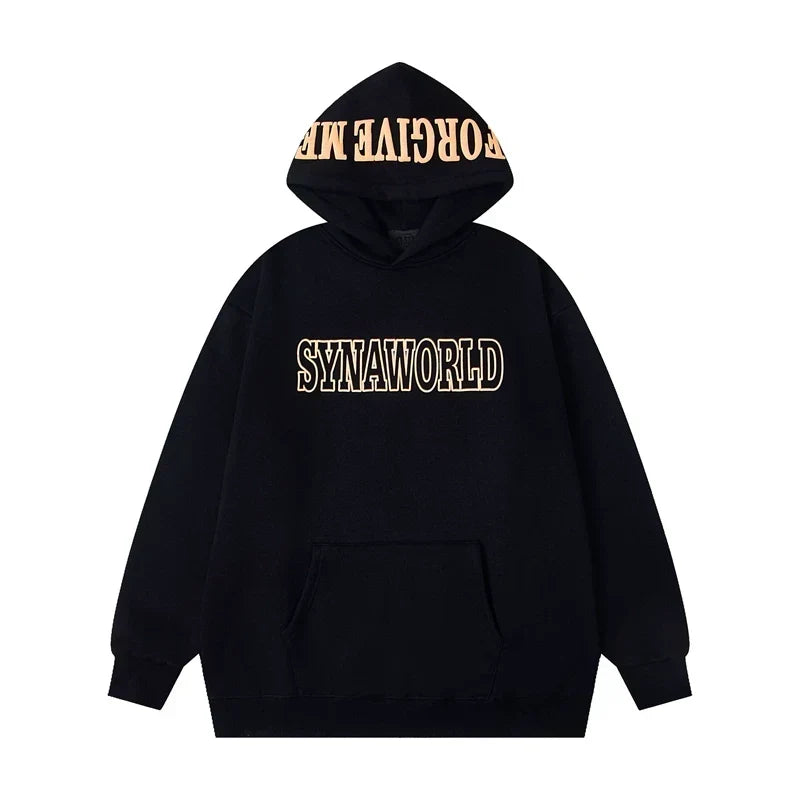 Syna World Hood Print Logo Oversized Fleece Hoodie (Black / Yellow)