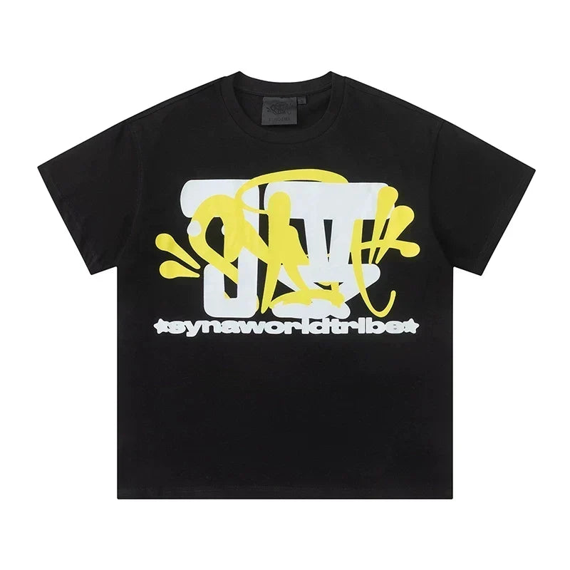 Syna World Vintage Oversized Graffiti Logo Graphic Tee (Black / Yellow)