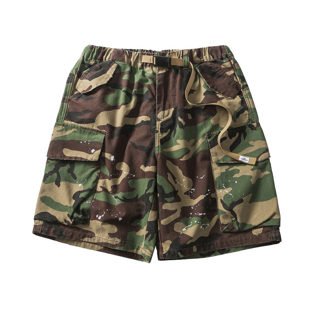 Men Shorts with Belt Camouflage Cropped Pants Men's Loose Multi-Pocket
