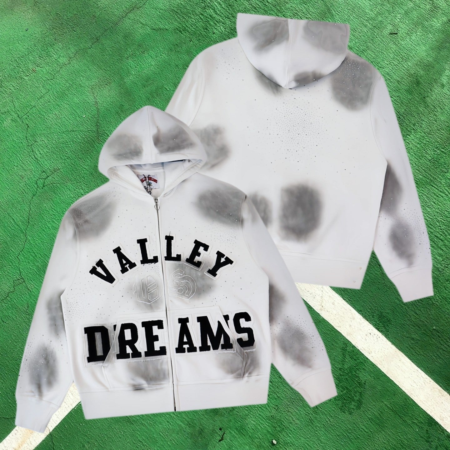 Vale Forever Tie-Dye & Rhinestone  FEmbellishedull-Zip Hoodie (White / Grey Splatter)