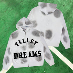Vale Forever Tie-Dye & Rhinestone  FEmbellishedull-Zip Hoodie (White / Grey Splatter)